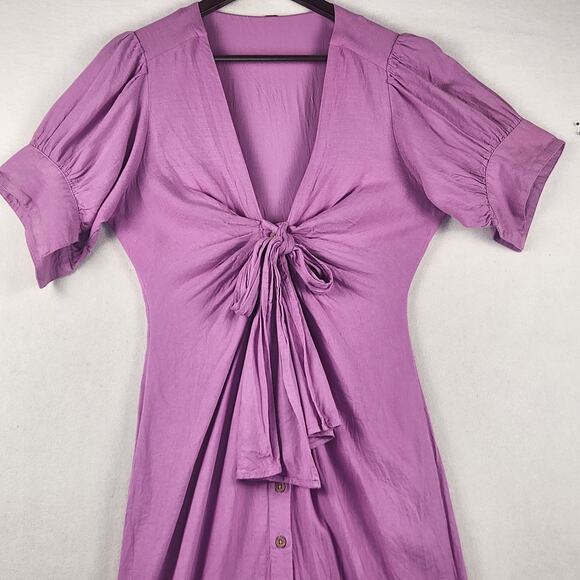 Free People Vintage Summer Puff Sleeve Maxi Dress Women XS/S Purple Tie Front - Picture 5 of 16